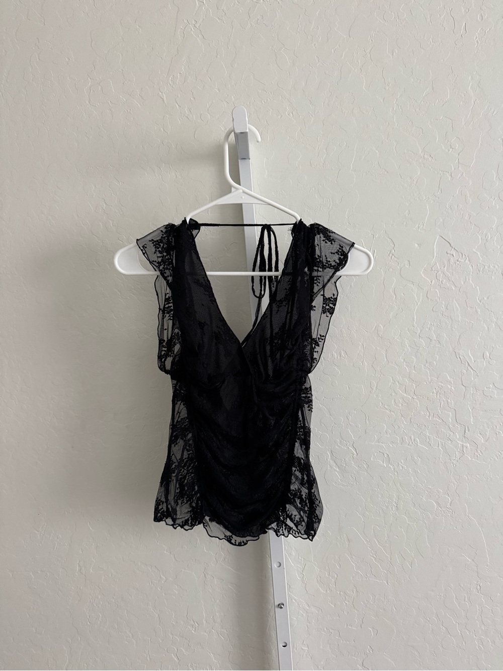 Free People Black Sheer Lace V-Neck Tie-Back Top